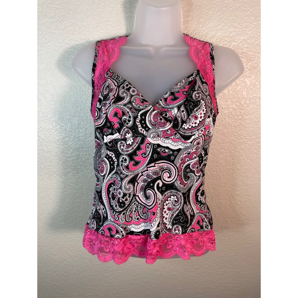 Petite Womens PS Tank Top Pink Paisley Lace Trim Sleeveless Babydoll Boho Chic